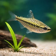 Spotted Headstander (Chilodus punctatus) close view beside an aquarium plant - view 4