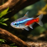 Representative image of a Neon Tetra swimming beside aquarium driftwood - view 2