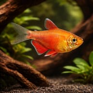 Illustration of an orange Flame Tetra-type fish beside driftwood - view 1