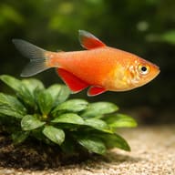 Illustration of an orange Flame Tetra-type fish above aquarium plants - view 4