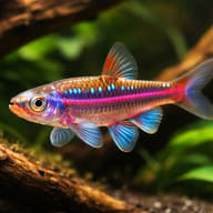 Rainbow Shiner with turquoise spots and a vivid pink stripe swimming among plants and wood - view 1