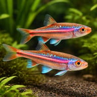 Two Rainbow Shiners with blue markings and red-pink stripes above gravel and green plants - view 2