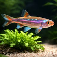 Rainbow Shiner with turquoise spots swimming above a bright green plant and pale gravel - view 4