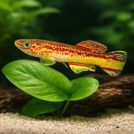 Amiet's Lyretail Killifish — Fundulopanchax amieti Edea-Yaounde planted leaf detail — representative image - view 4
