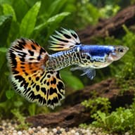 Male Galaxy Mosaic Red guppy with a metallic blue front, snakeskin rear and orange-red, cream and black mosaic tail in a - view 1