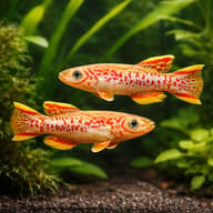 Two red-spotted Gardner's Killifish Akure swimming above gravel in a planted aquarium - view 2