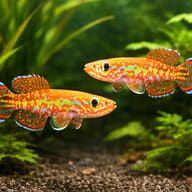 Two Gardner's Killifish facing each other above gravel in a planted aquarium - view 2