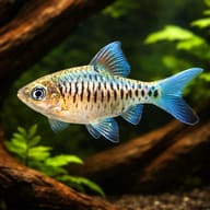 Checkered Barb (Oliotius oligolepis) over driftwood — representative image - view 2
