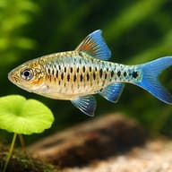 Checkered Barb (Oliotius oligolepis) beside aquarium plants for scale — representative image - view 5