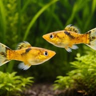 Gold Molly Lyra (Poecilia sphenops gold molly l.f.) pair in a planted aquarium - view 2