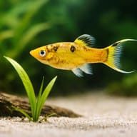 Gold Molly Lyra (Poecilia sphenops gold molly l.f.) close view beside an aquarium plant - view 4