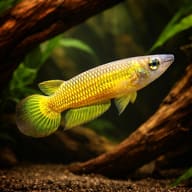 Golden Wonder Killifish — Illustrative Gold Striped Panchax (Aplocheilus lineatus) gold form near driftwood - view 1