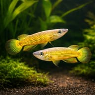 Illustrative pair of Golden Wonder Killifish (Aplocheilus lineatus Gold) in a planted aquarium — representative image - view 2