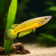 Golden Wonder Killifish — Illustrative Gold Striped Panchax showing gold scales and fins near aquarium plants - view 4