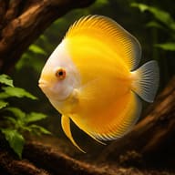 Representative Golden Melon-type discus beside driftwood; colour and pattern vary - view 1