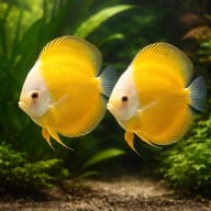 Illustration of two Golden Melon-type discus in a planted aquarium; not a pair or quantity promise - view 2