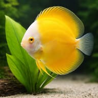 Representative Golden Melon-type discus beside a broad-leaved plant; actual fish vary - view 4