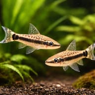 Illustrated pair of Golden Otocinclus grazing among aquarium plants (Otocinclus vittatus) — representative image - view 3