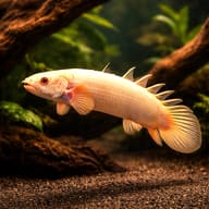 Albino Senegal Bichir (Polypterus senegalus) in an aquarium - representative illustration - view 1
