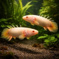 Two Albino Senegal Bichirs in a planted aquarium - illustration; one fish supplied per quantity - view 2