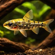 Green Dwarf Tetra (Odontocharacidium aphanes) in driftwood aquarium visual — representative image - view 1