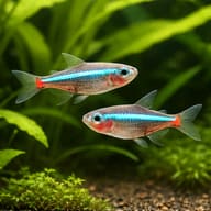 Two Green Neon Tetras with glowing blue-green stripes above a planted gravel bed - view 2