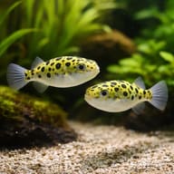 Green Spotted Puffer pair-style image in aquarium setting - view 2