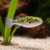 Green Spotted Puffer (Dichotomyctere nigroviridis) close view beside aquarium plant — representative image - view 4