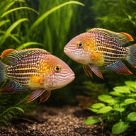 Pair of Green Terror Cichlids (Andinoacara rivulatus) in a planted aquarium scene — representative image - view 2