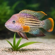 Green Terror Cichlid (Andinoacara rivulatus) near aquarium plants for scale — representative image - view 4