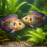 Chameleon Cichlid (Cichlasoma facetum) — illustration of two blue and gold cichlids in a planted aquarium - view 2