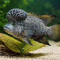 Stylised illustration of a mature male Haitian Cichlid beside aquarium plants - view 4