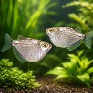 Pair of Silver Hatchetfish swimming below floating plants (Gasteropelecus sternicla) — representative image - view 2