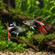 Half Black Red Crowntail guppies with dark rear bodies and long red crowntail rays in a planted aquarium - view 1
