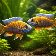 Jacobfreibergi Peacock Cichlid Blue (Aulonocara jacobfreibergi) pair-style view in Lake Malawi rockwork - view 2