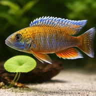 Jacobfreibergi Peacock Cichlid Blue (Aulonocara jacobfreibergi) scale reference near aquarium plants — representative image - view 4
