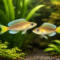Representative illustration of two Jumbo Yellow Cyprichromis cichlids in a planted aquarium - view 2