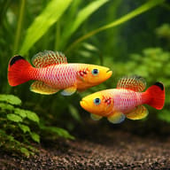 Gunther's Nothobranch (Nothobranchius guentheri) — Zanzibar Gold Nothobranch pair in a planted aquarium - view 2