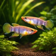 Illustration of two Spotted Panchax fish in a planted aquarium - view 2
