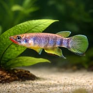 Red-Chinned Panchax — Spotted Panchax beside an aquarium plant, illustrative view - view 4