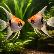 Two orange, white and black Koi Angelfish in a planted aquarium - view 2