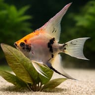 Orange, white and black Koi Angelfish beside a broad aquarium plant - view 4