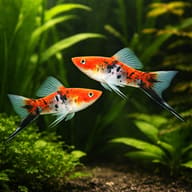 Pair of Koi Tricolour Swordtails with orange white and black colour - view 2