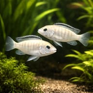 Two Electric White Cichlids (Labidochromis caeruleus “White”) in a planted aquarium - view 2