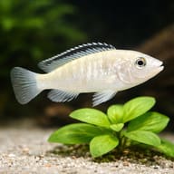 Electric White Cichlid (Labidochromis caeruleus “White”) showing pale body and dark dorsal edging - view 4