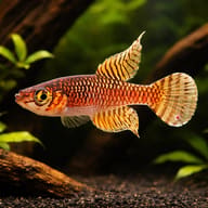 Ladiges' Gaucho / Barredtail Pearlfish (Notholebias minimus) in a shaded annual-killifish setup — driftwood view - view 1
