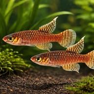 Ladiges' Gaucho / Barredtail Pearlfish (Notholebias minimus) pair with floating cover — planted view - view 2