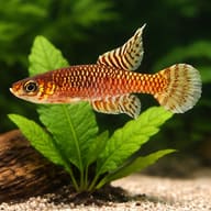 Ladiges' Gaucho / Barredtail Pearlfish (Notholebias minimus) scale and plant reference view - view 4