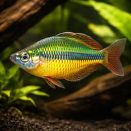 Lake Tebera Rainbowfish (Melanotaenia herbertaxelrodi) in a planted aquarium with driftwood — representative image - view 1