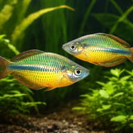 Lake Tebera Rainbowfish (Melanotaenia herbertaxelrodi) pair swimming above aquarium plants — representative image - view 2